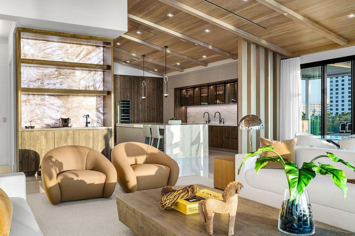 Interior, Kitchen, Living room, Recessed Lighting, Stainless Steel Appliances, Wooden Ceilings