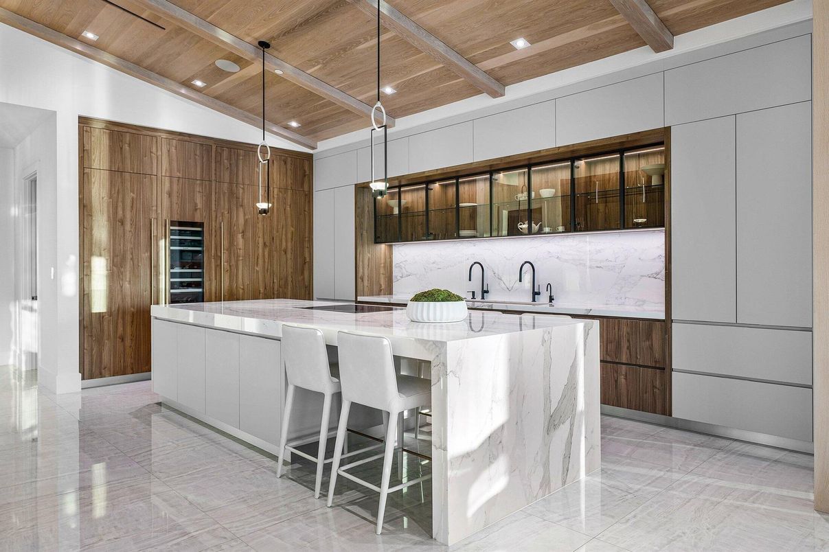 Interior, Kitchen, Marble, Marble Walls, Pendant Lights, Recessed Lighting, Wooden Beams, Wooden Ceilings