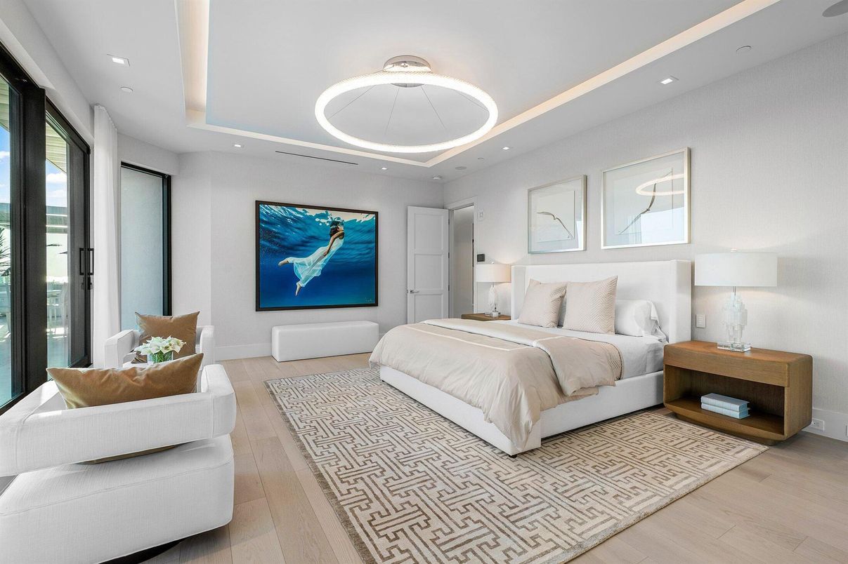 Bedroom, Interior, Pendant Lights, Recessed Lighting, Wood Texture Flooring