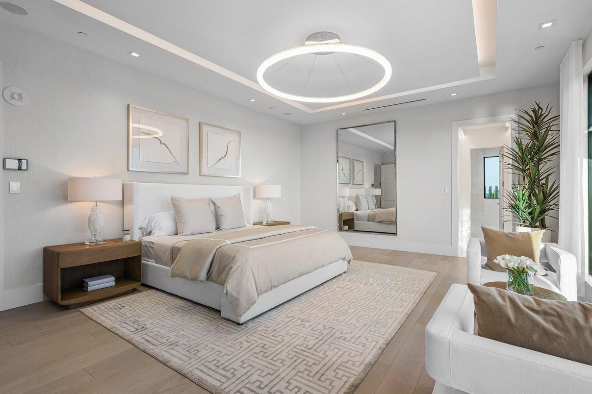 Bedroom, Interior, Pendant Lights, Recessed Lighting, Wood Texture Flooring