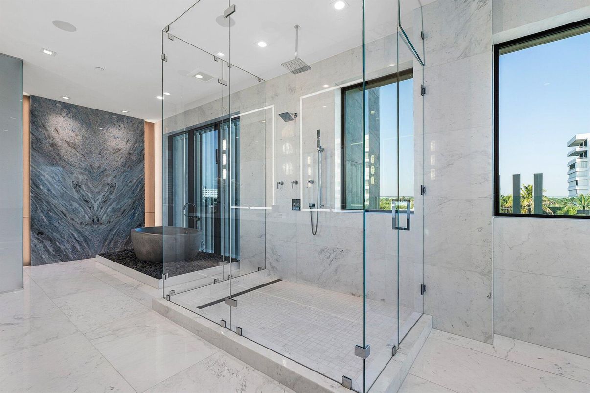 Bathroom, Glass Shower, Interior, Marble, Marble Walls, Recessed Lighting