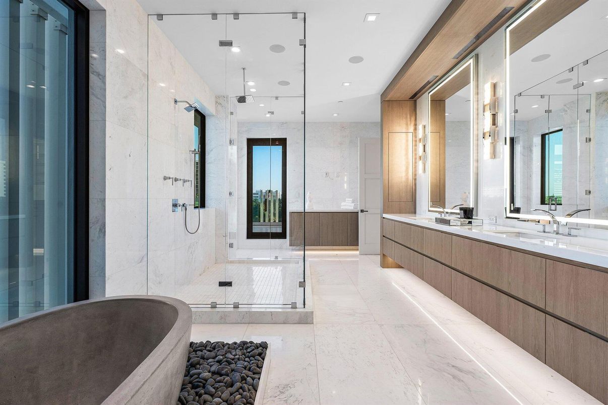 Bathroom, Dual Sink Vanities, Glass Shower, Interior, Marble, Marble Walls, Recessed Lighting