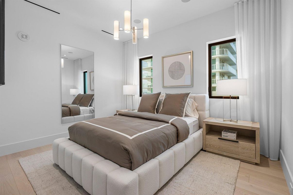 Bedroom, Interior, Pendant Lights, Wood Texture Flooring