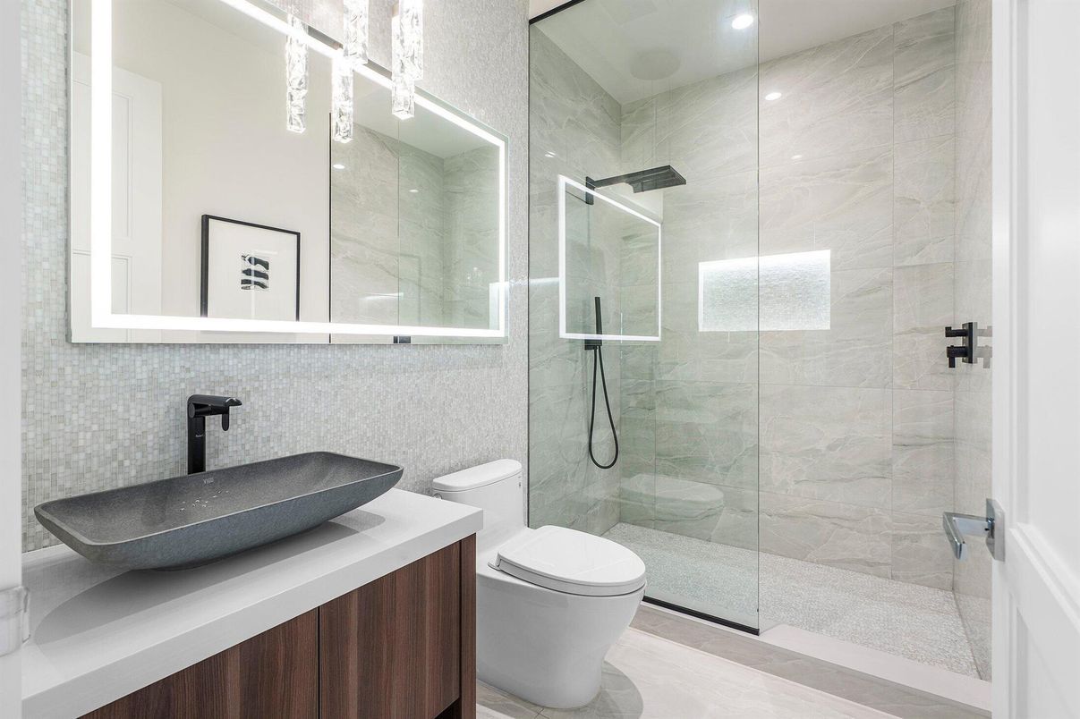 Bathroom, Glass Shower, Interior, Marble Walls, Recessed Lighting