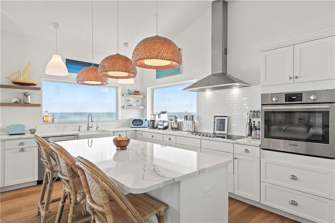 Interior, Kitchen, Pendant Lights, Stainless Steel Appliances, Water, Wood Texture Flooring