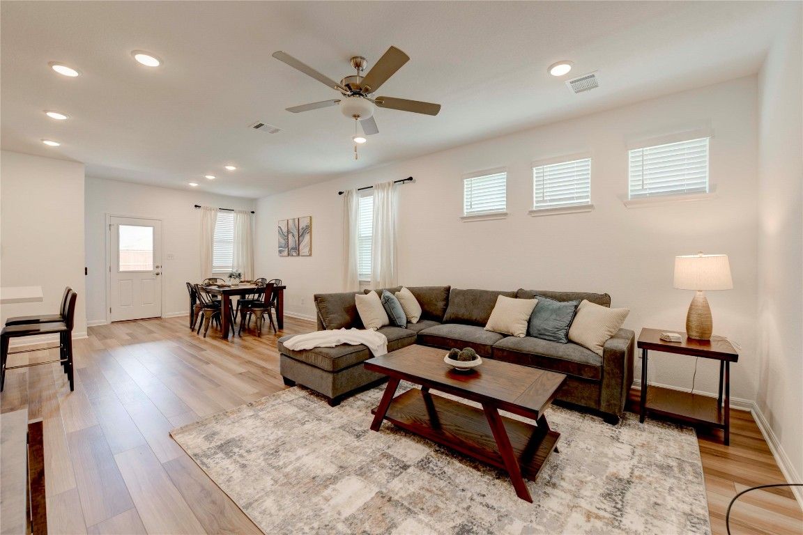 Dining room, Interior, Living room, Recessed Lighting, Wood Texture Flooring