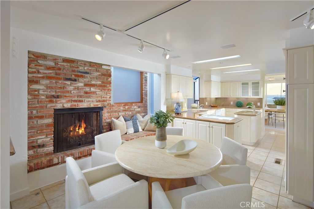 Dining room, Fireplace, Interior, Kitchen, Living room, Pendant Lights, Recessed Lighting, Stone Walls