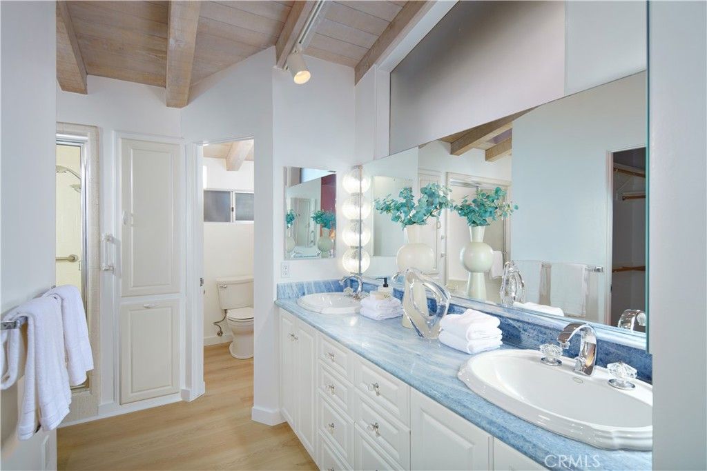 Bathroom, Dual Sink Vanities, Interior, Wooden Beams, Wooden Ceilings, Wood Texture Flooring