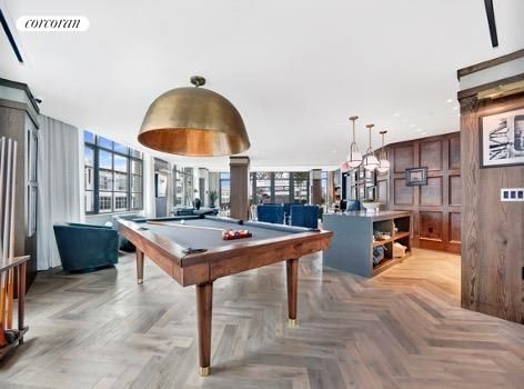 Billiard Table, Game Room, Interior, Kitchen, Pendant Lights, Recessed Lighting, Wood Texture Flooring, Wooden Walls