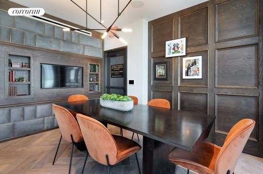 Dining room, Interior, Pendant Lights, Wood Texture Flooring