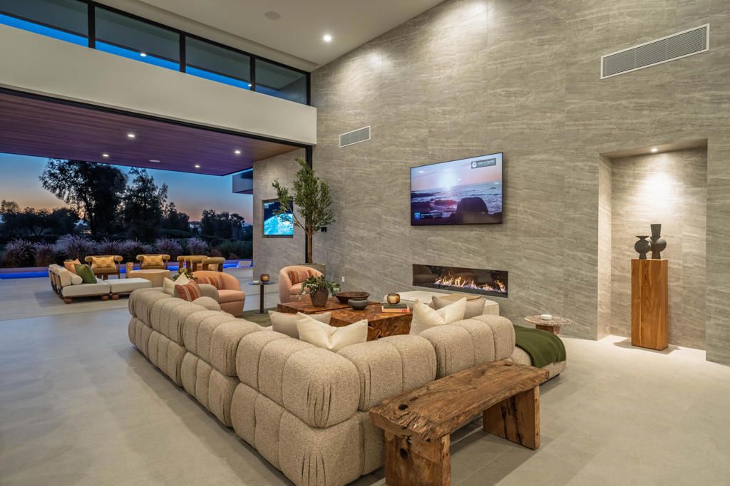 Fireplace, Interior, Living room, Recessed Lighting, Stone Walls