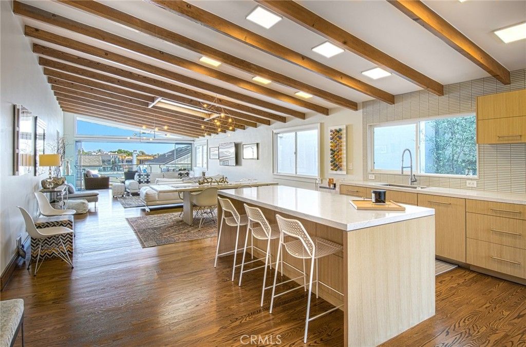 Dining room, Interior, Kitchen, Living room, Recessed Lighting, Water, Wooden Beams, Wood Texture Flooring