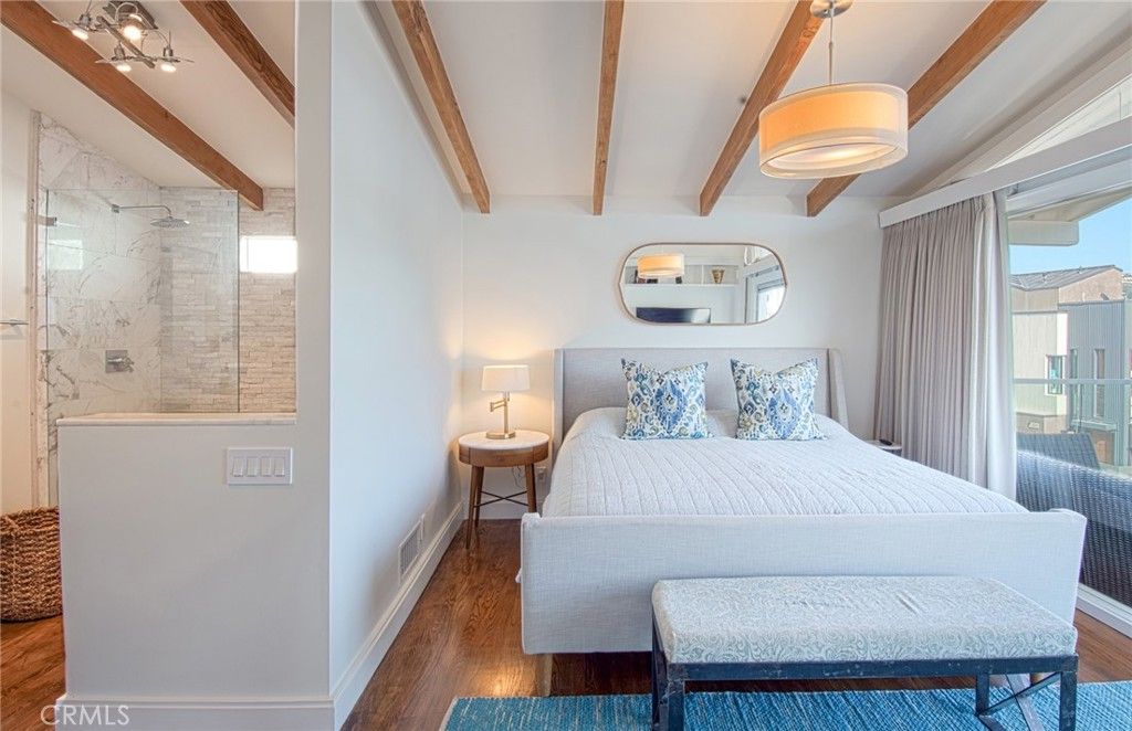 Bedroom, Interior, Marble Walls, Pendant Lights, Wooden Beams, Wood Texture Flooring