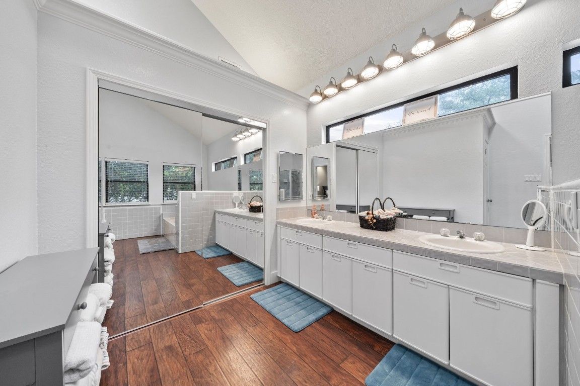 Bathroom, Dual Sink Vanities, Interior, Tile Countertops, Wood Texture Flooring