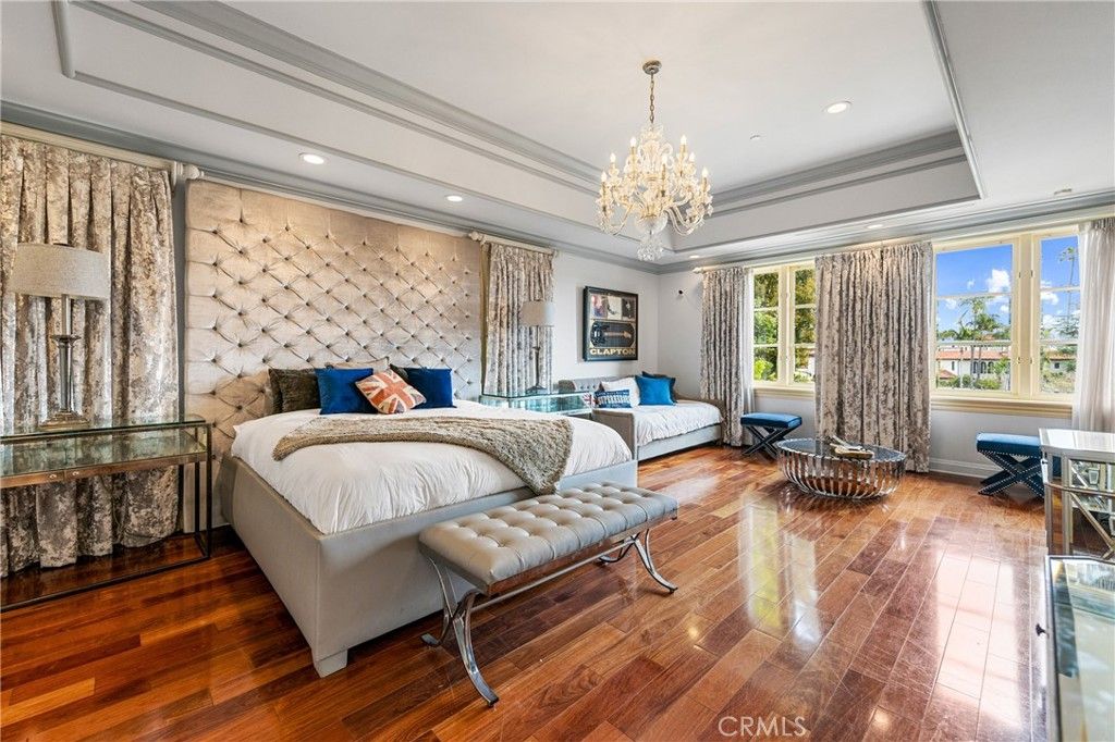 Bedroom, Chandelier, Interior, Recessed Lighting, Wood Texture Flooring