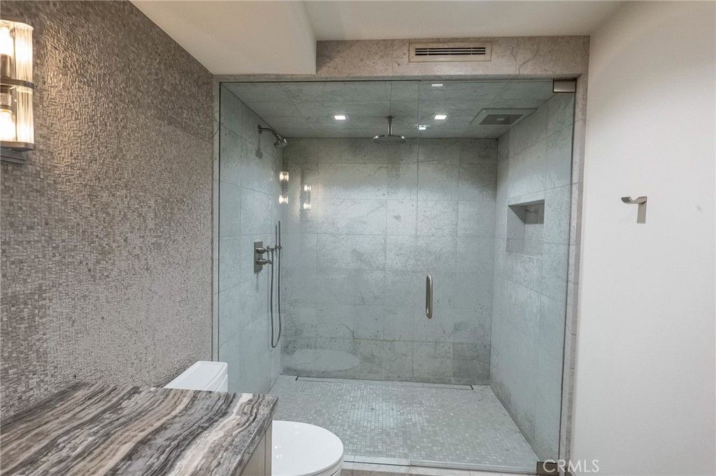 Bathroom, Glass Shower, Interior, Marble Walls, Recessed Lighting