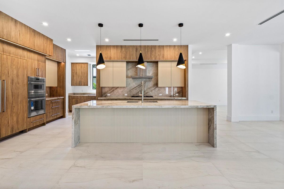 Interior, Kitchen, Marble, Pendant Lights, Recessed Lighting, Stainless Steel Appliances