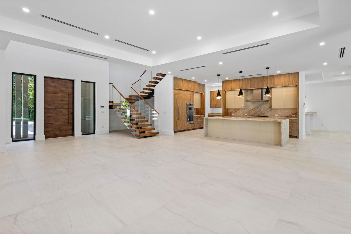 Interior, Kitchen, Marble, Pendant Lights, Recessed Lighting, Stainless Steel Appliances