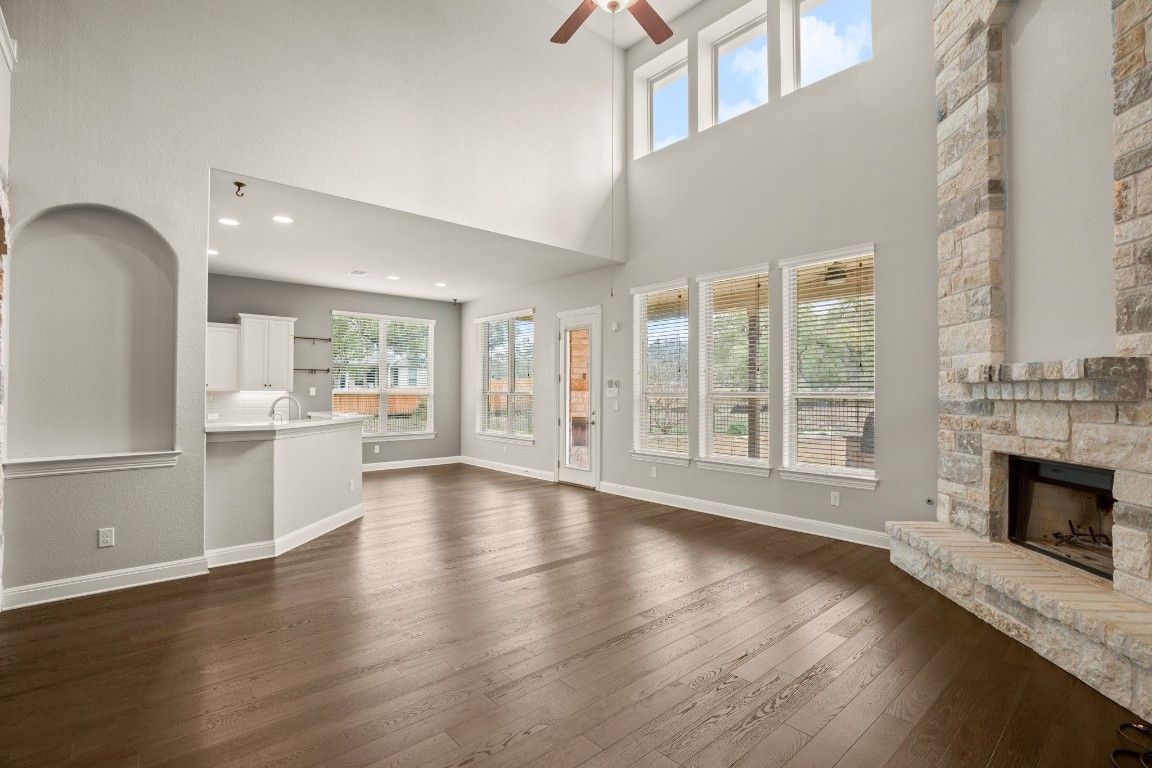 Fireplace, Interior, Kitchen, Recessed Lighting, Wood Texture Flooring