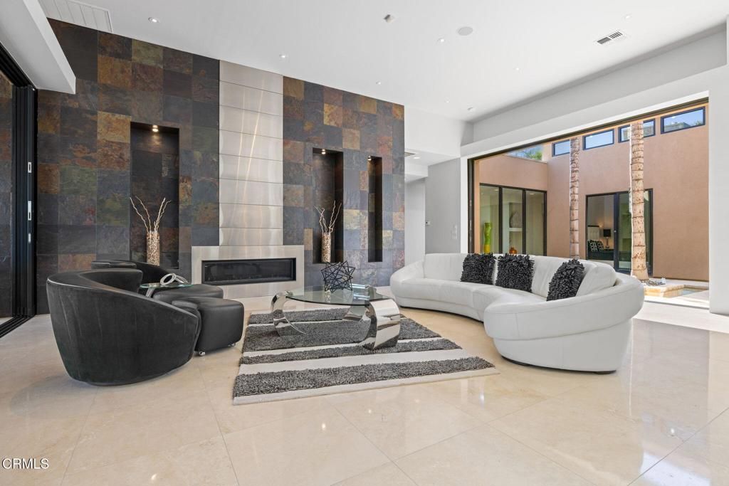 Fireplace, Interior, Living room, Recessed Lighting, Stone Walls