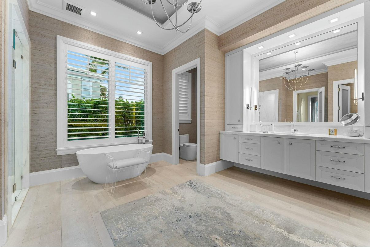 Bathroom, Dual Sink Vanities, Free Standing Baths, Interior, Recessed Lighting, Wood Texture Flooring