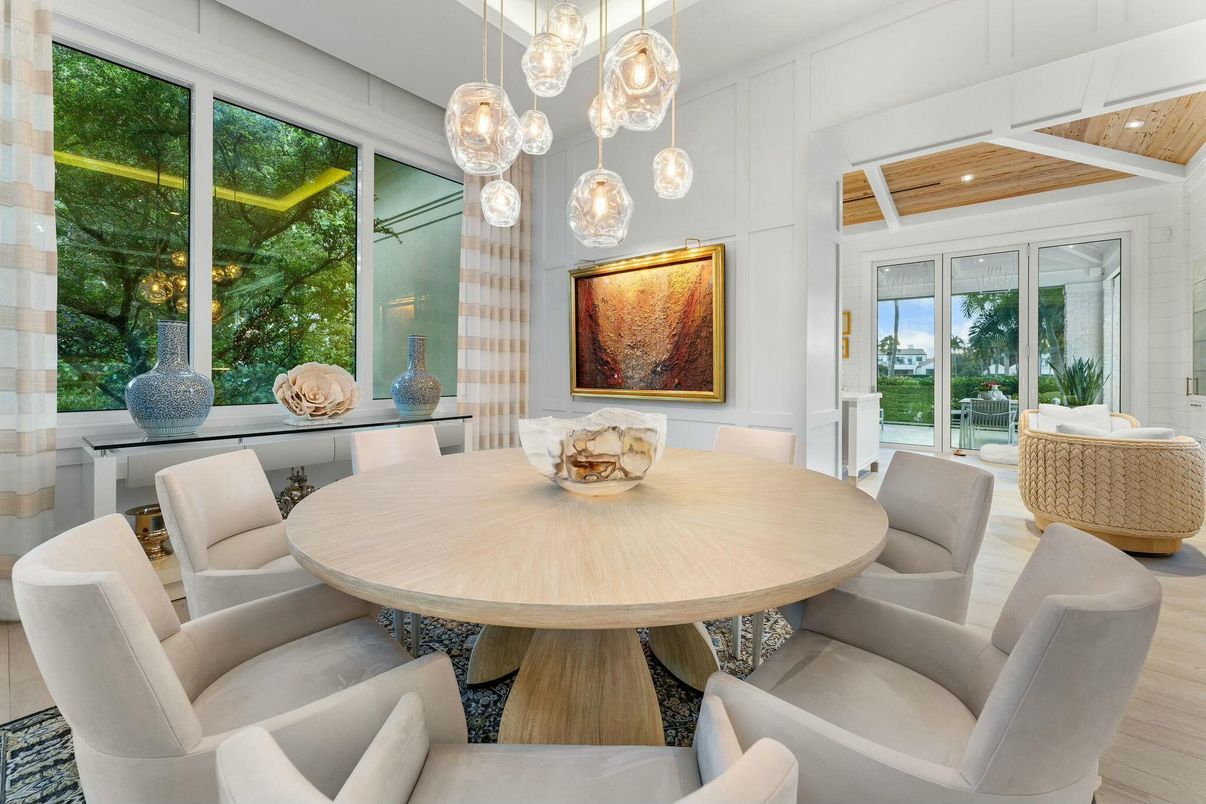 Dining room, Interior, Pendant Lights, Wood Texture Flooring