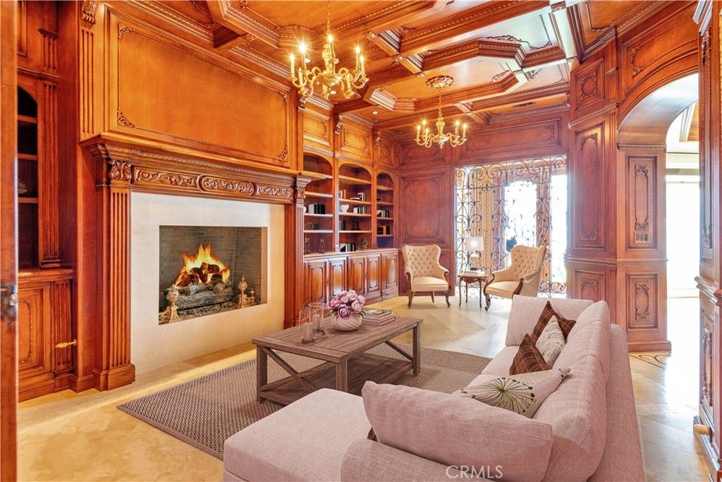 Chandelier, Fireplace, Interior, Living room, Wooden Beams, Wooden Ceilings, Wooden Walls