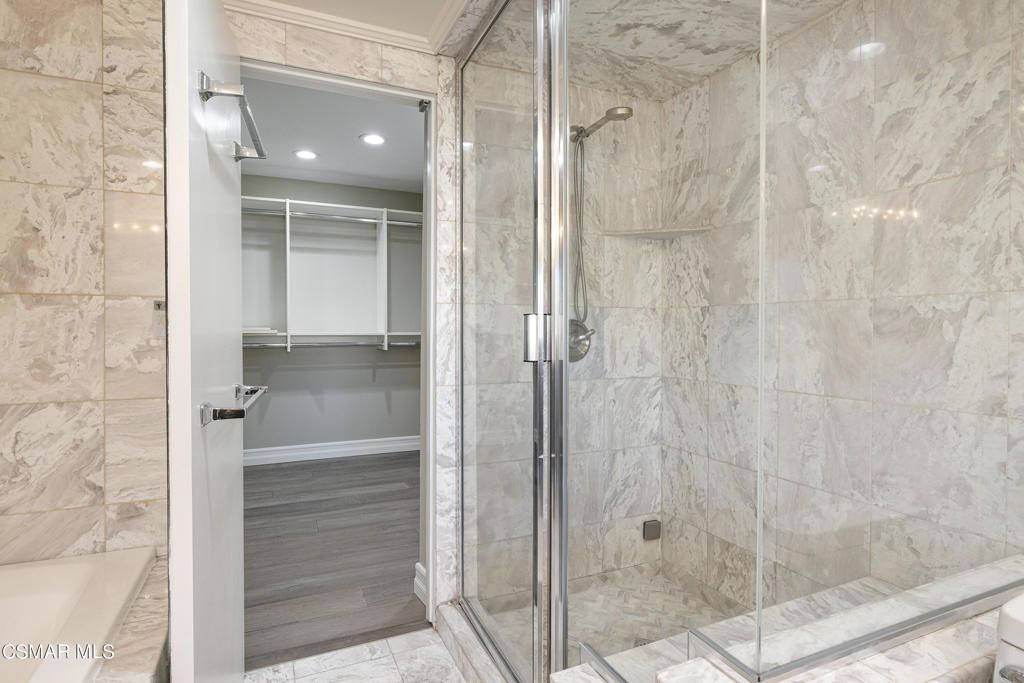 Bathroom, Glass Shower, Interior, Marble Walls, Recessed Lighting, Walk-in Closets, Wood Texture Flooring