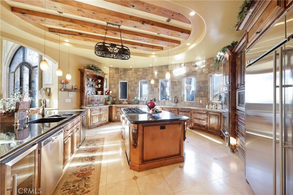Interior, Kitchen, Pendant Lights, Recessed Lighting, Stainless Steel Appliances, Stone Walls