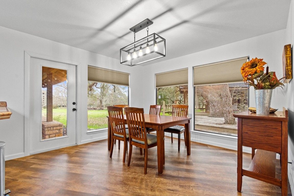 Dining room, Interior, Pendant Lights, Wood Texture Flooring