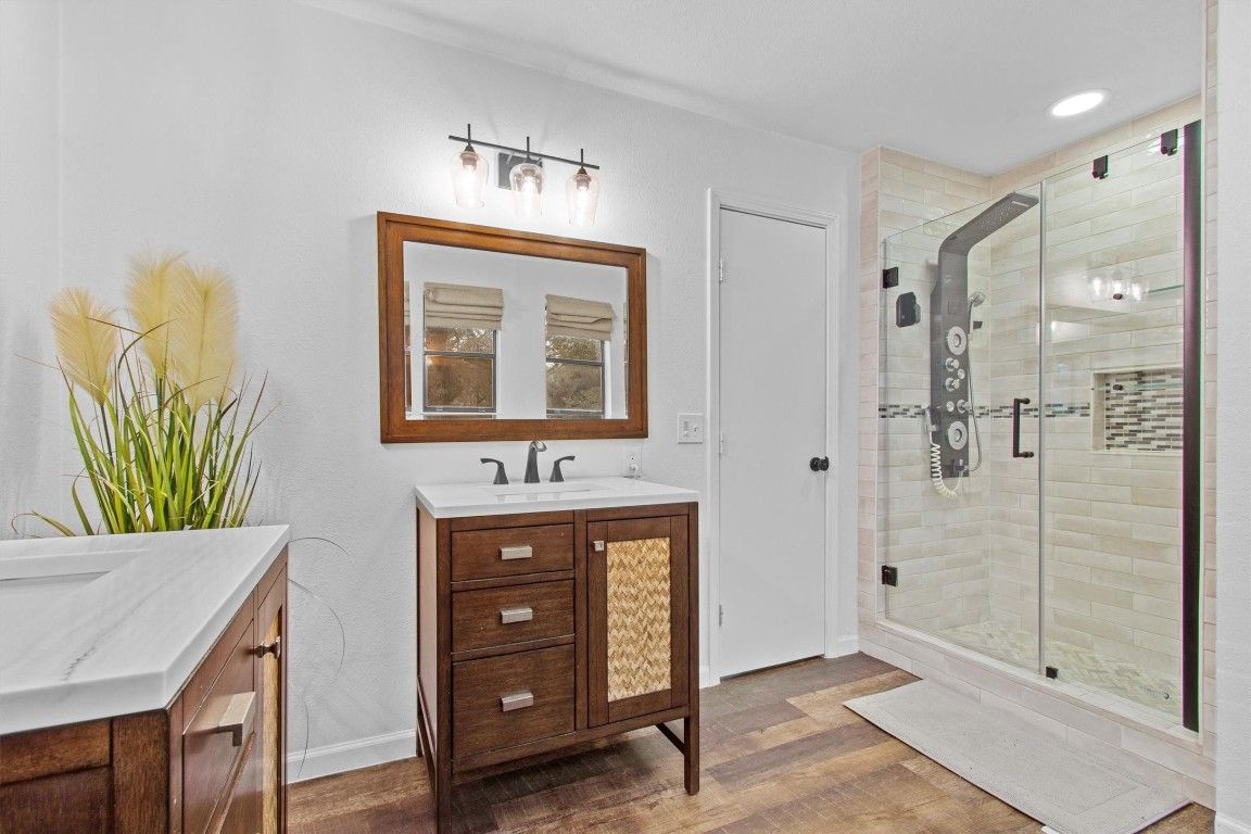 Bathroom, Glass Shower, Interior, Recessed Lighting, Wood Texture Flooring