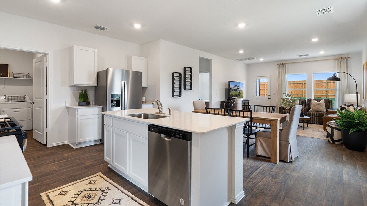 Dining room, Interior, Kitchen, Living room, Recessed Lighting, Stainless Steel Appliances, Wood Texture Flooring