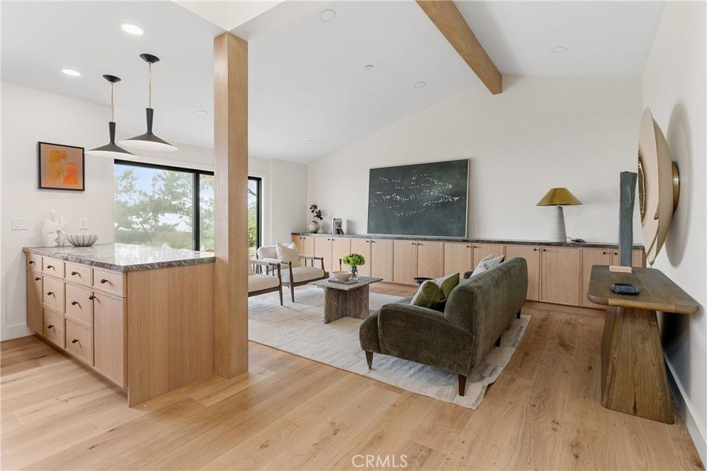 Interior, Living room, Pendant Lights, Recessed Lighting, Wooden Beams, Wood Texture Flooring