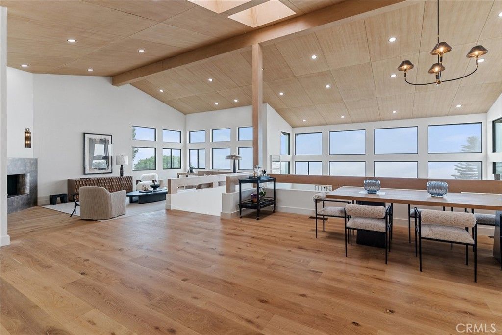 Dining room, Fireplace, Interior, Living room, Recessed Lighting, Wooden Beams, Wooden Ceilings, Wood Texture Flooring