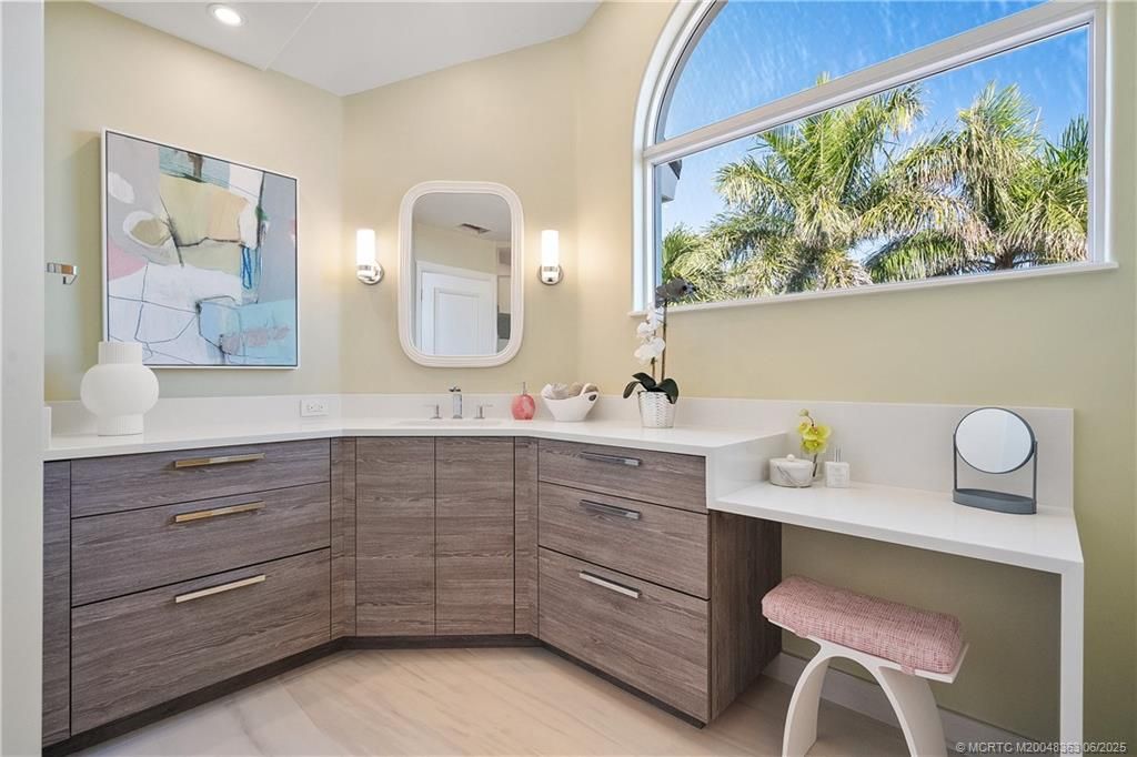 Bathroom, Dual Sink Vanities, Interior, Recessed Lighting, Wood Texture Flooring