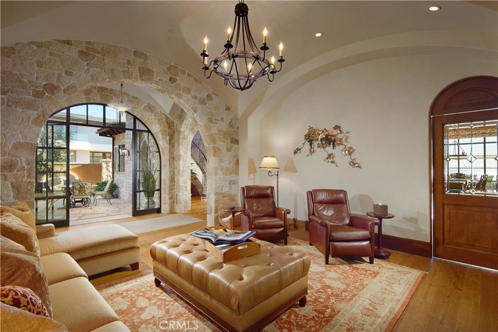 Chandelier, Interior, Living room, Recessed Lighting, Stone Walls, Wood Texture Flooring