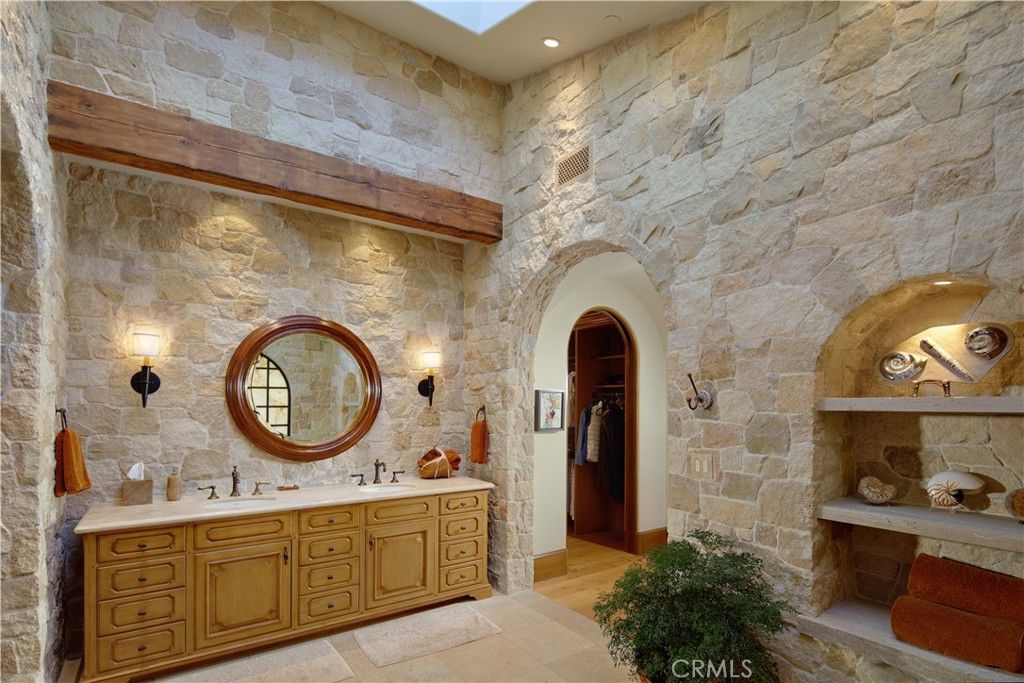 Bathroom, Dual Sink Vanities, Interior, Recessed Lighting, Stone Walls