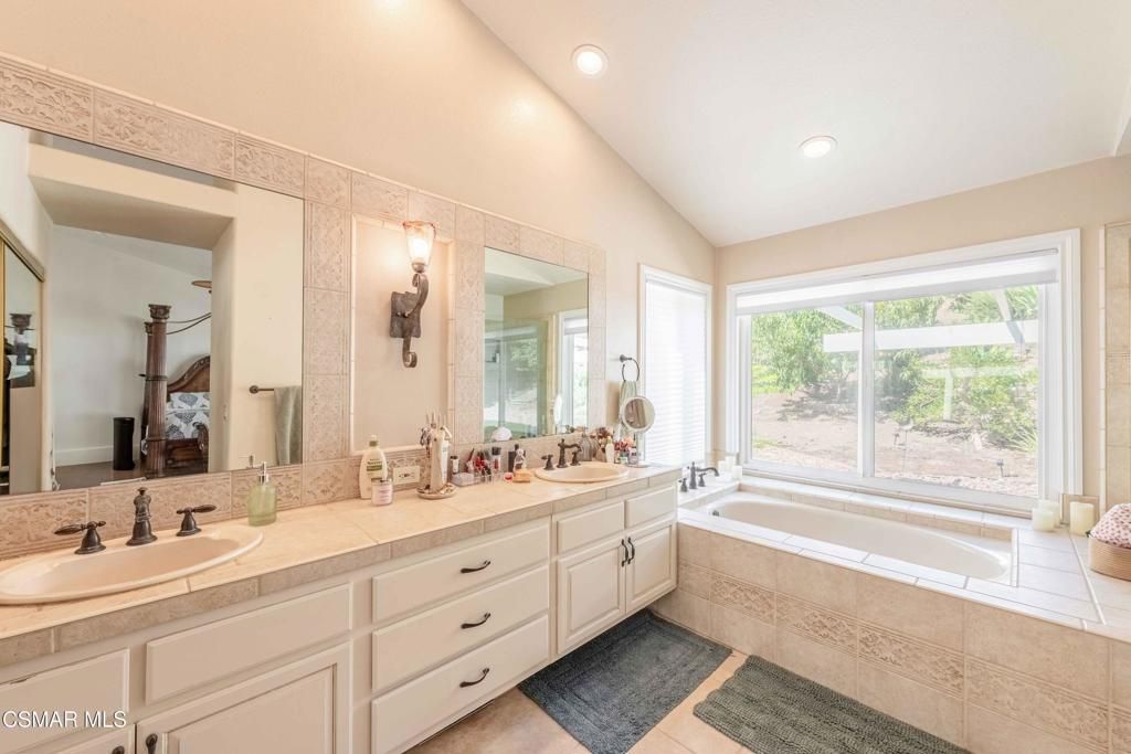 Bathroom, Dual Sink Vanities, Interior, Recessed Lighting, Tile Countertops