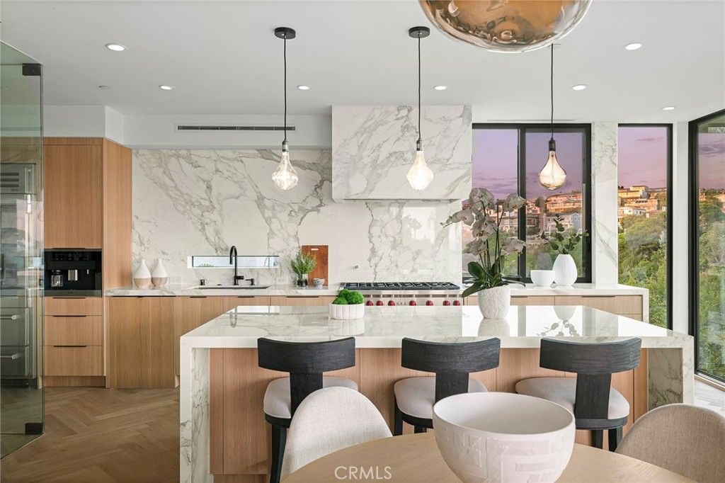 Interior, Kitchen, Marble Walls, Pendant Lights, Recessed Lighting, Wood Texture Flooring