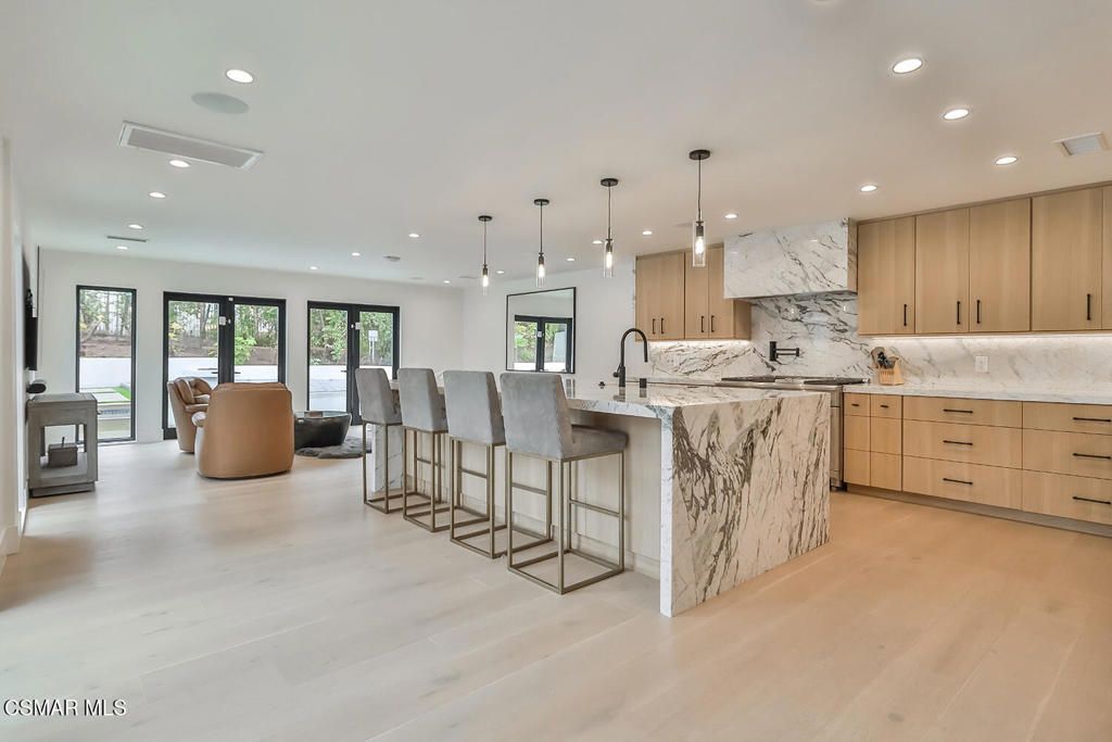 Interior, Kitchen, Marble Walls, Pendant Lights, Recessed Lighting, Wood Texture Flooring