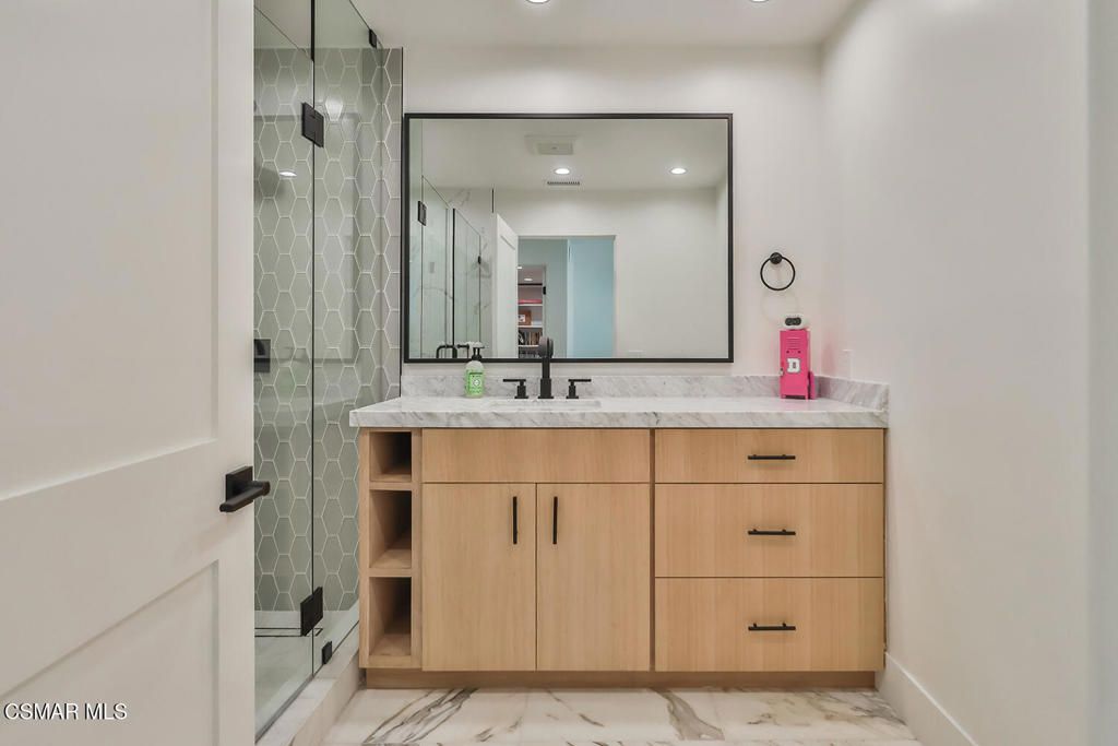 Bathroom, Dual Sink Vanities, Glass Shower, Interior, Marble, Recessed Lighting