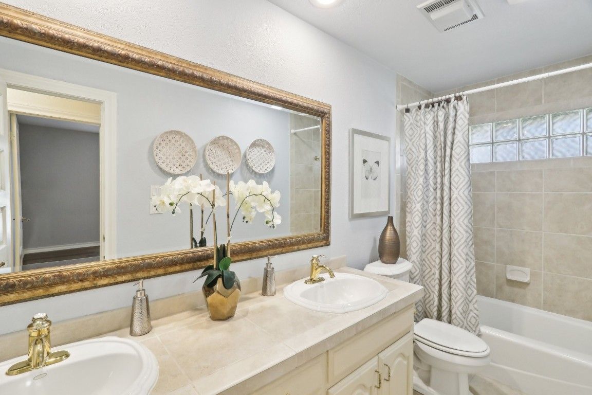 Bathroom, Dual Sink Vanities, Interior, Recessed Lighting, Tile Countertops
