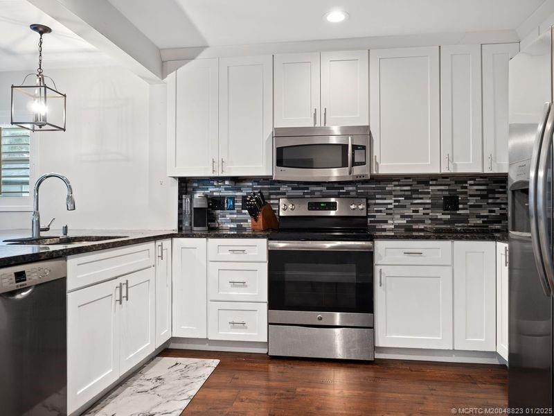 Interior, Kitchen, Pendant Lights, Recessed Lighting, Stainless Steel Appliances, Wood Texture Flooring