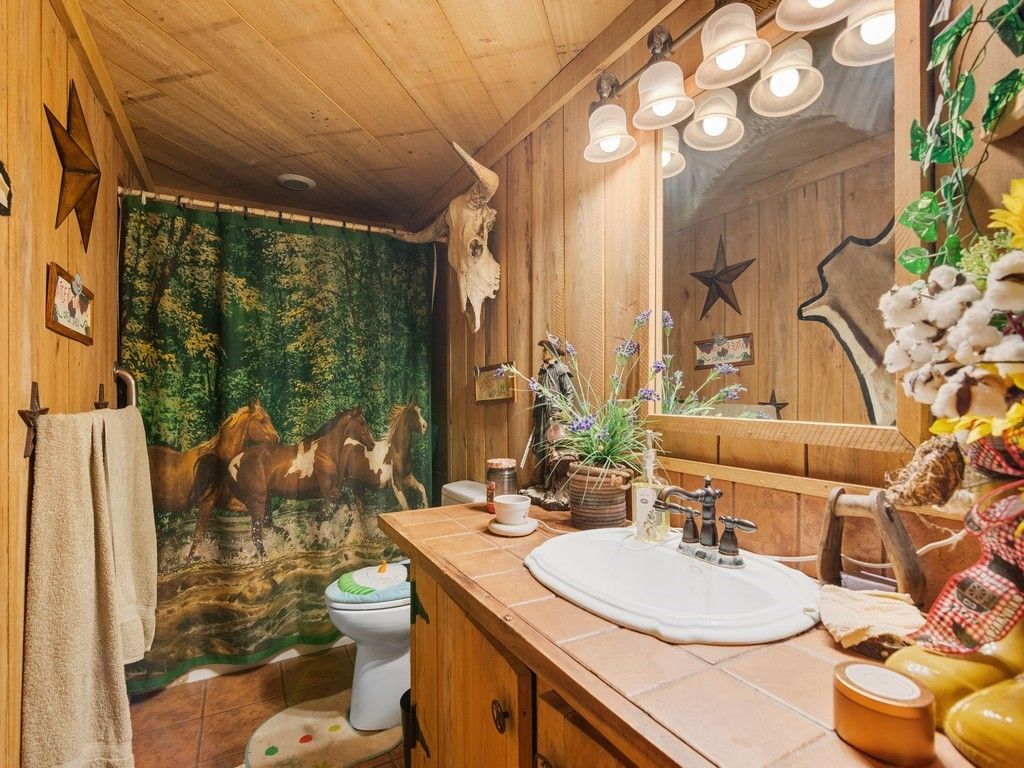 Bathroom, Interior, Tile Countertops, Wooden Ceilings, Wooden Walls