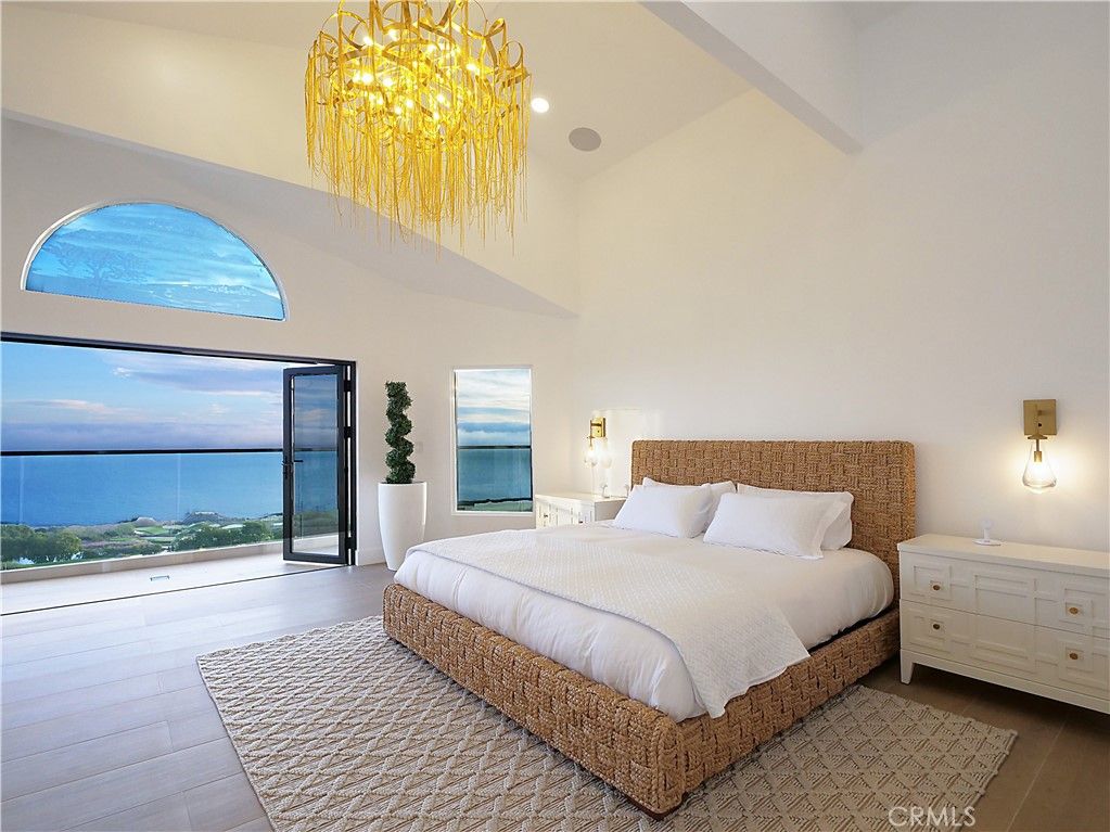 Bedroom, Chandelier, Interior, Recessed Lighting, Water, Wood Texture Flooring