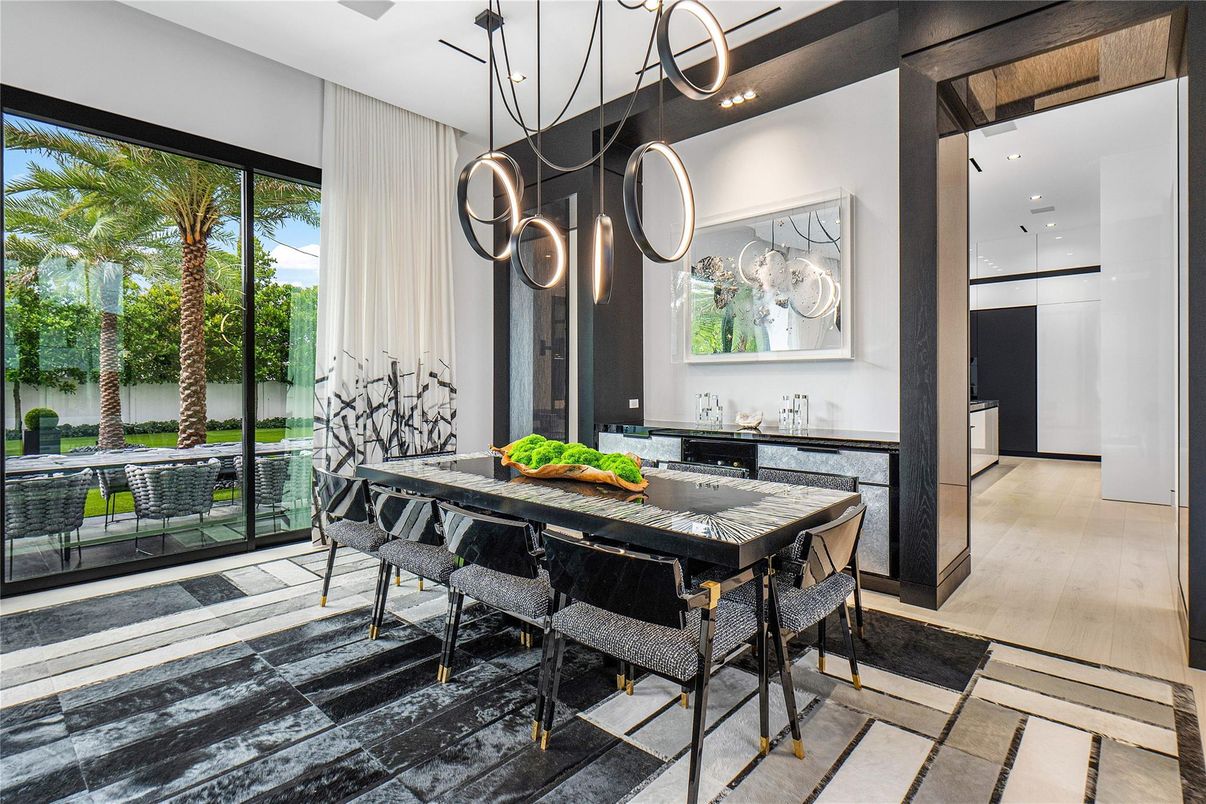 Dining room, Interior, Pendant Lights, Recessed Lighting, Wood Texture Flooring