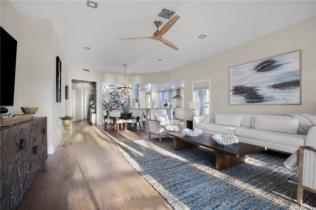 Dining room, Interior, Kitchen, Living room, Pendant Lights, Recessed Lighting, Stainless Steel Appliances, Wood Texture Flooring