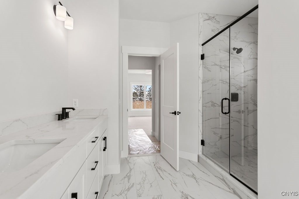 Bathroom, Dual Sink Vanities, Glass Shower, Interior, Marble, Marble Walls