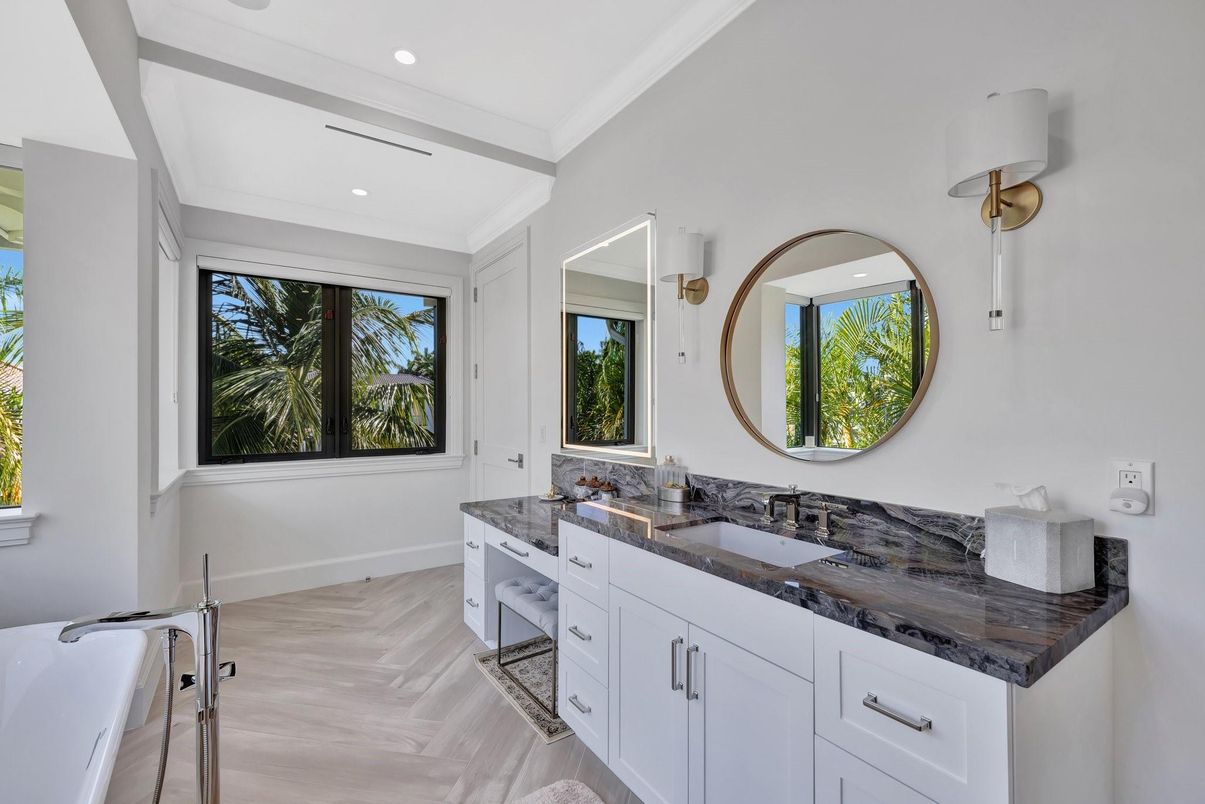 Bathroom, Dual Sink Vanities, Interior, Recessed Lighting, Wood Texture Flooring