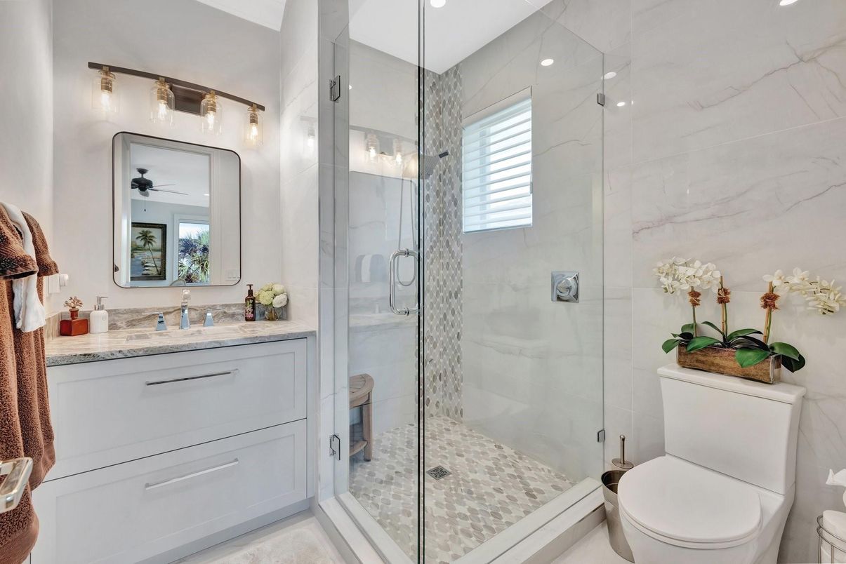 Bathroom, Glass Shower, Interior, Marble Walls, Recessed Lighting
